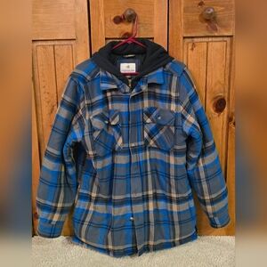 Mens Legendary Whitetails Blue/Tan Maplewood Hooded Flannel Shirt Jacket-Large